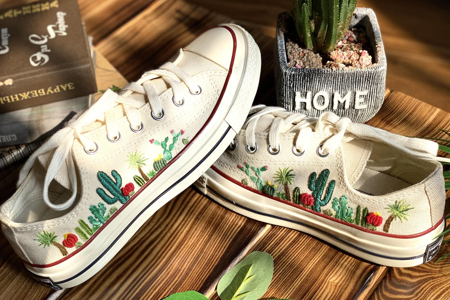 Low-top Converse shoes embroidered with a custom cactus flower design/Embroidered cactus desig