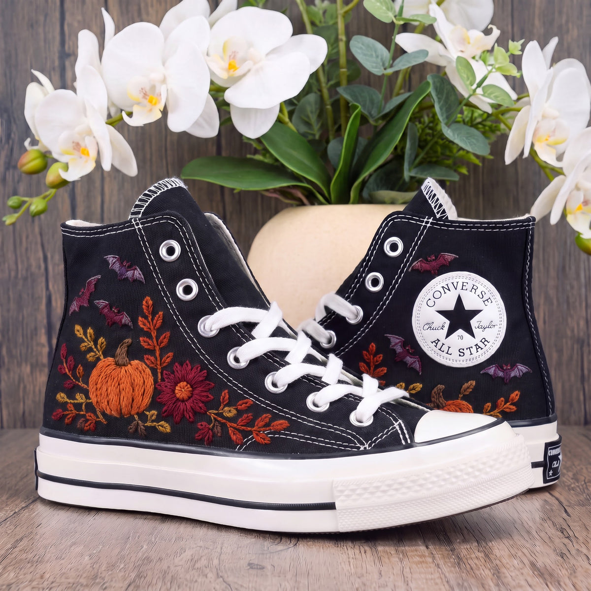 Converse Hand Embroidered Pumpkin Bat Shoes | Autumn Floral High Top Sneakers | Halloween Fall Embroidery | Spooky Pumpkin Gift