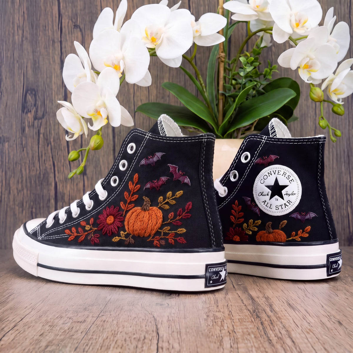 Converse Hand Embroidered Pumpkin Bat Shoes | Autumn Floral High Top Sneakers | Halloween Fall Embroidery | Spooky Pumpkin Gift
