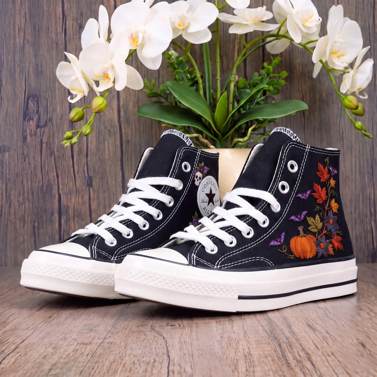 Converse Hand Embroidered Pumpkin Bat Shoes | Autumn Floral High Top Sneakers | Halloween Skull Embroidery | Spooky Fall Gift