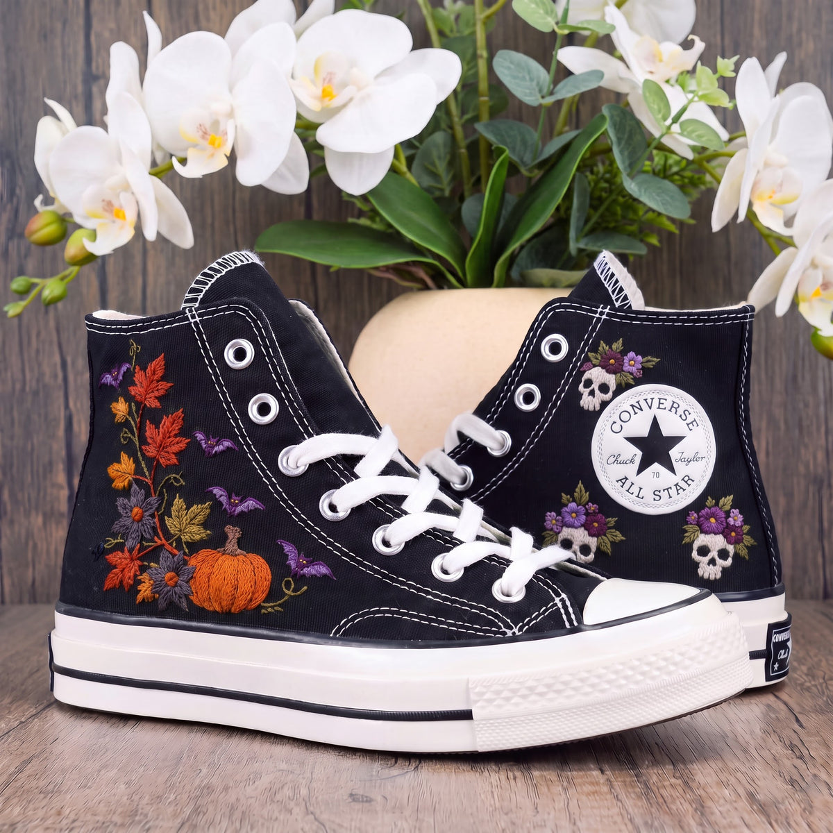 Converse Hand Embroidered Pumpkin Bat Shoes | Autumn Floral High Top Sneakers | Halloween Skull Embroidery | Spooky Fall Gift