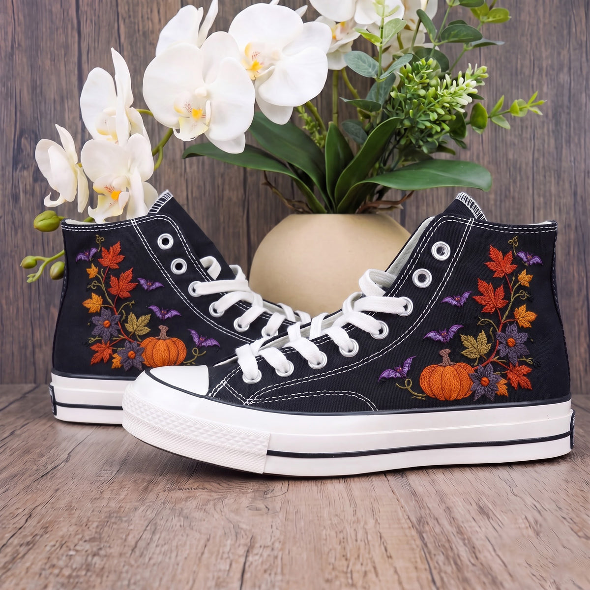 Converse Hand Embroidered Pumpkin Bat Shoes | Autumn Floral High Top Sneakers | Halloween Skull Embroidery | Spooky Fall Gift