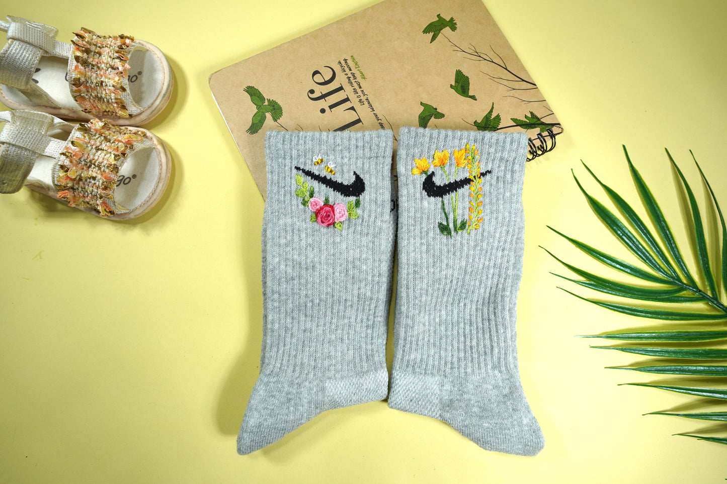 Handmade flower embroidery socks