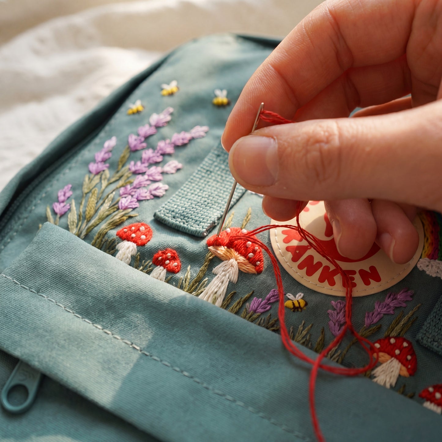 Embroidered Lavender Mushroom Fjallraven Kanken Backpack | Lavender Mushroom Cottagecore Backpack | Cute Rainbow Floral School Bag