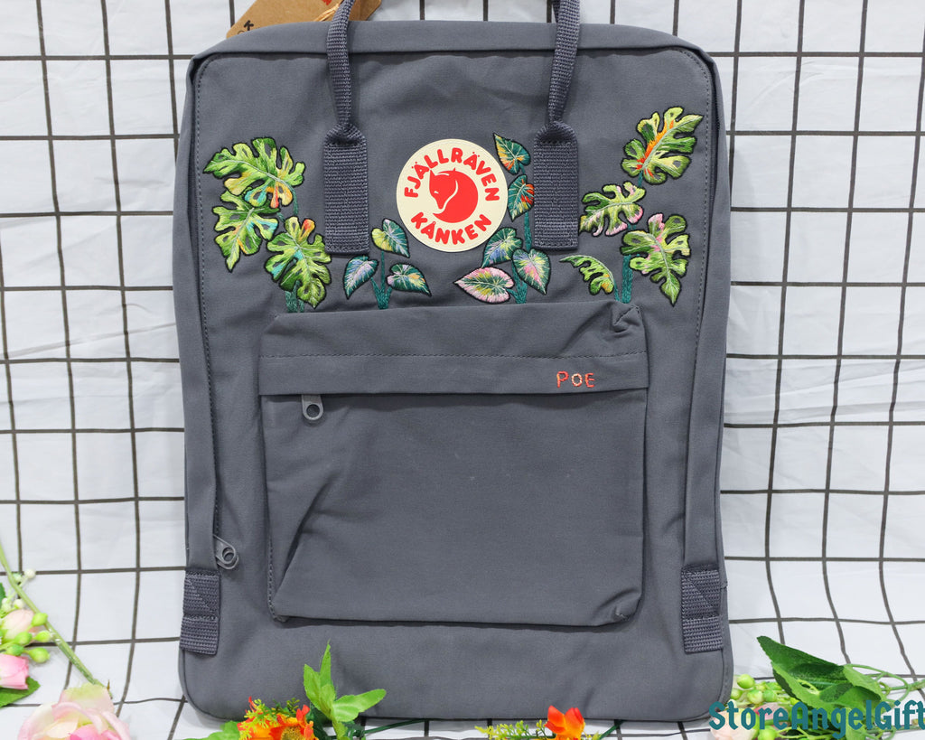  Custom Fjallraven Kanken Backpack – Tropical Monstera & Philodendron Leaves - Personalized Embroidered Backpack - Custom Bag for Women 