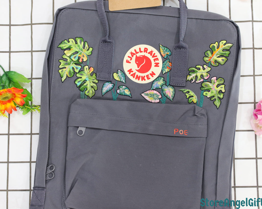  Custom Fjallraven Kanken Backpack – Tropical Monstera & Philodendron Leaves - Personalized Embroidered Backpack - Custom Bag for Women 