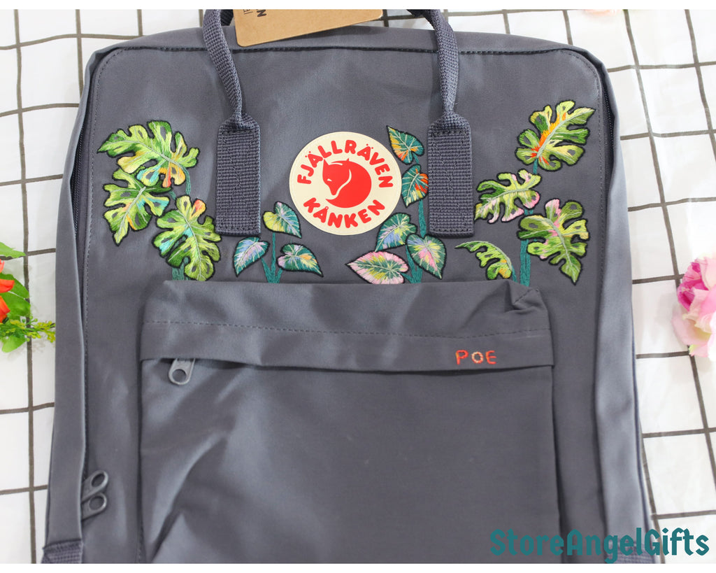  Custom Fjallraven Kanken Backpack – Tropical Monstera & Philodendron Leaves - Personalized Embroidered Backpack - Custom Bag for Women 