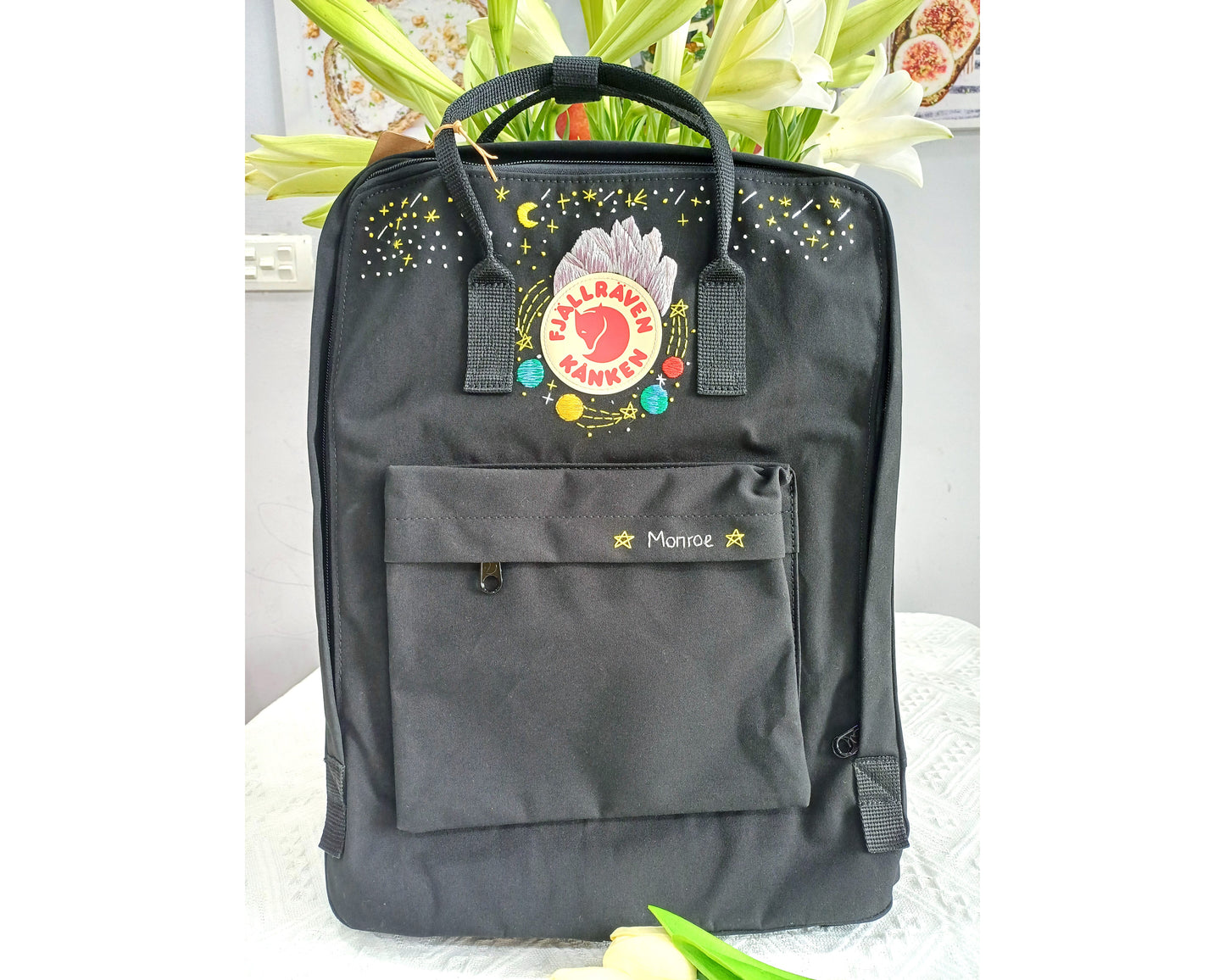 Fjallraven Kanken Backpack with Moon, Stars, Mountains and Planets Embroidery – Personalized Embroidered Backpack - Custom Bag for Women