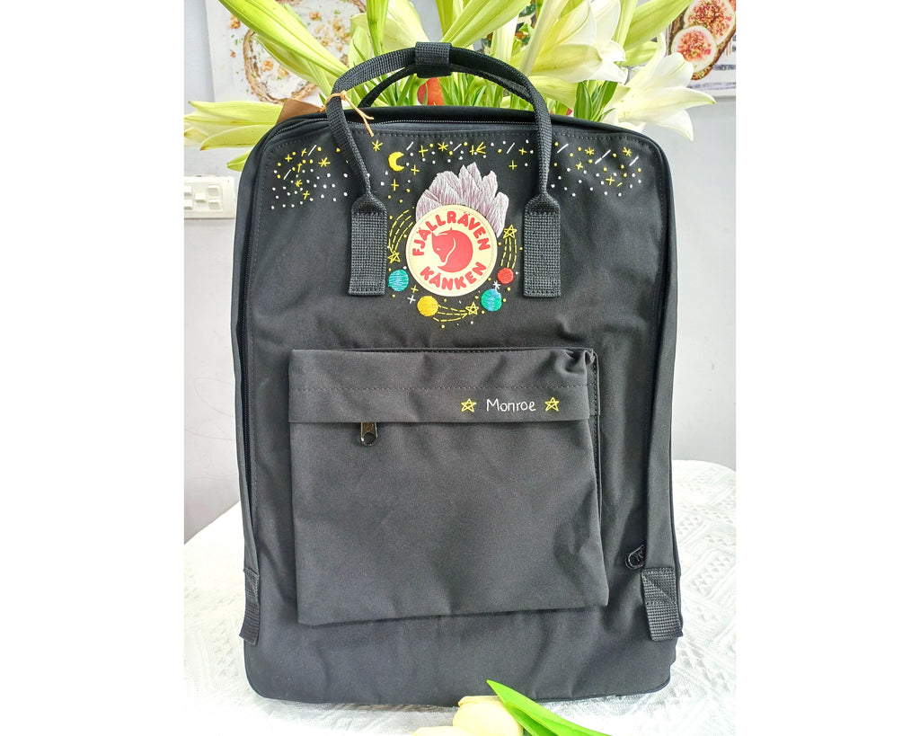  Fjallraven Kanken Backpack with Moon, Stars, Mountains and Planets Embroidery – Personalized Embroidered Backpack - Custom Bag for Women 