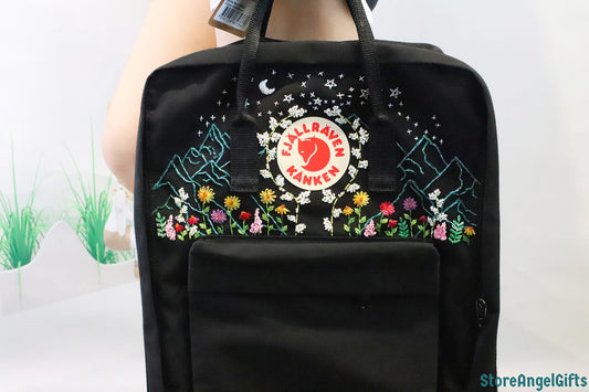 Fjallraven Kanken Backpack – Starry Night & Flower Forest Design - Personalized Embroidered Backpack - Custom Bag for Women
