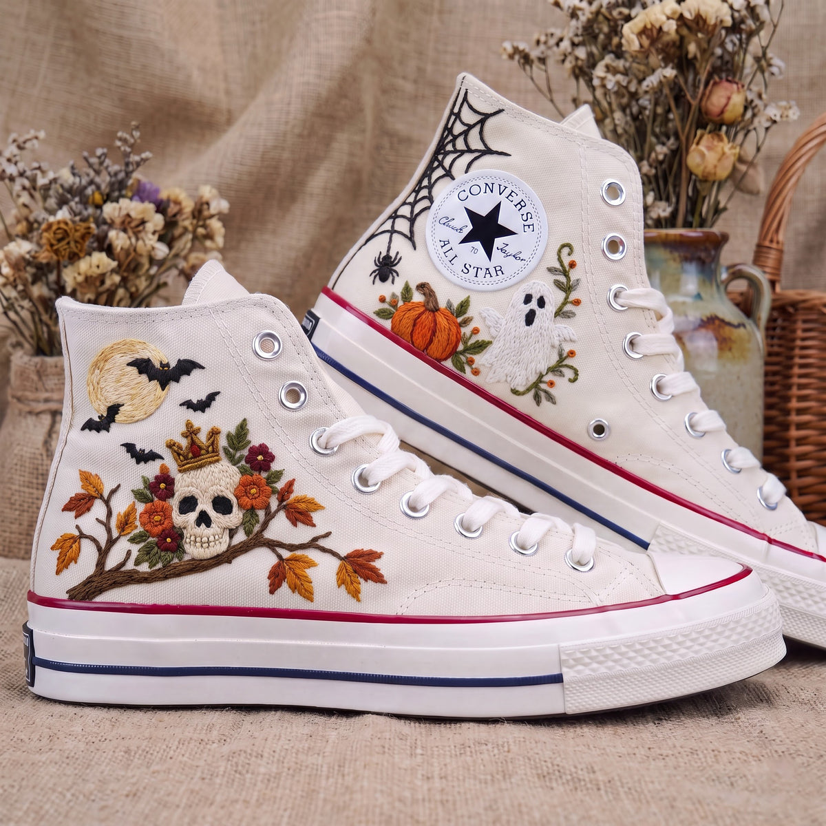 Converse Hand Embroidered Crown Skull Bat Shoes | Halloween Spider Web High Tops | Gothic Autumn Sneakers | Unique Halloween Gift