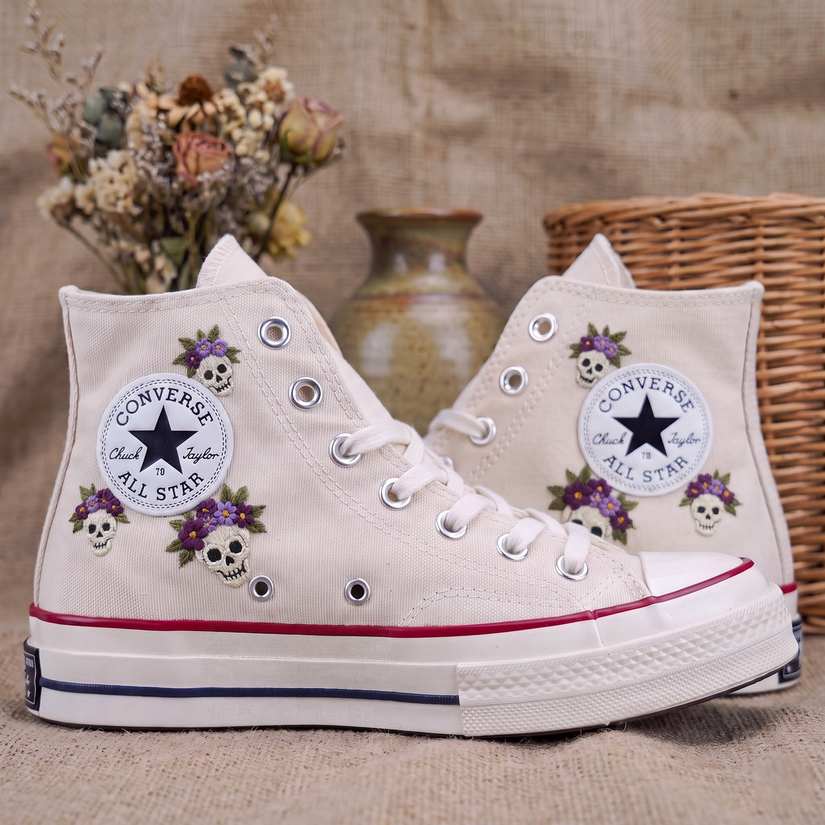 Converse Hand Embroidered Floral Skull Bat Pumpkin Shoes | Halloween High Top Sneakers | Spooky Autumn Shoes | Unique Halloween Gift
