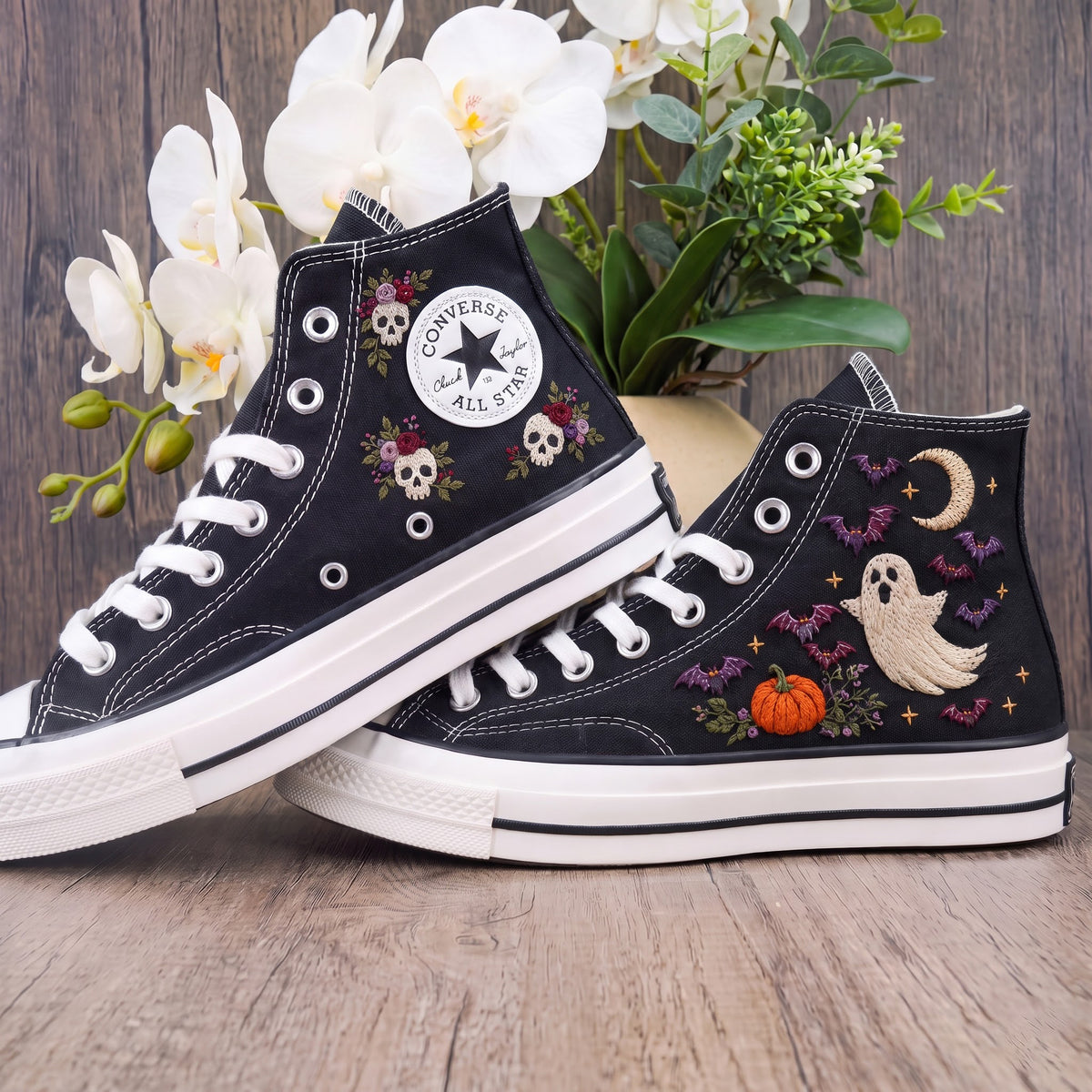 Converse Hand Embroidered Ghost Bat Moon Shoes | Cute Halloween High Top Sneakers | Pumpkin Spooky Embroidery | Halloween Gift