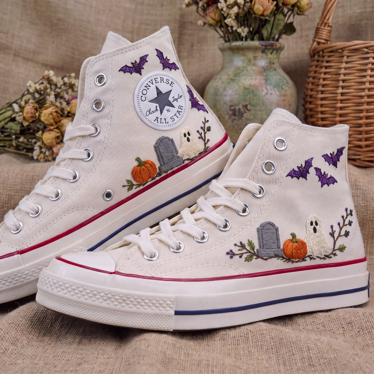 Converse Hand Embroidered Ghost Bat Pumpkin Shoes | Halloween Graveyard High Tops | Spooky Autumn Sneakers | Unique Halloween Gift
