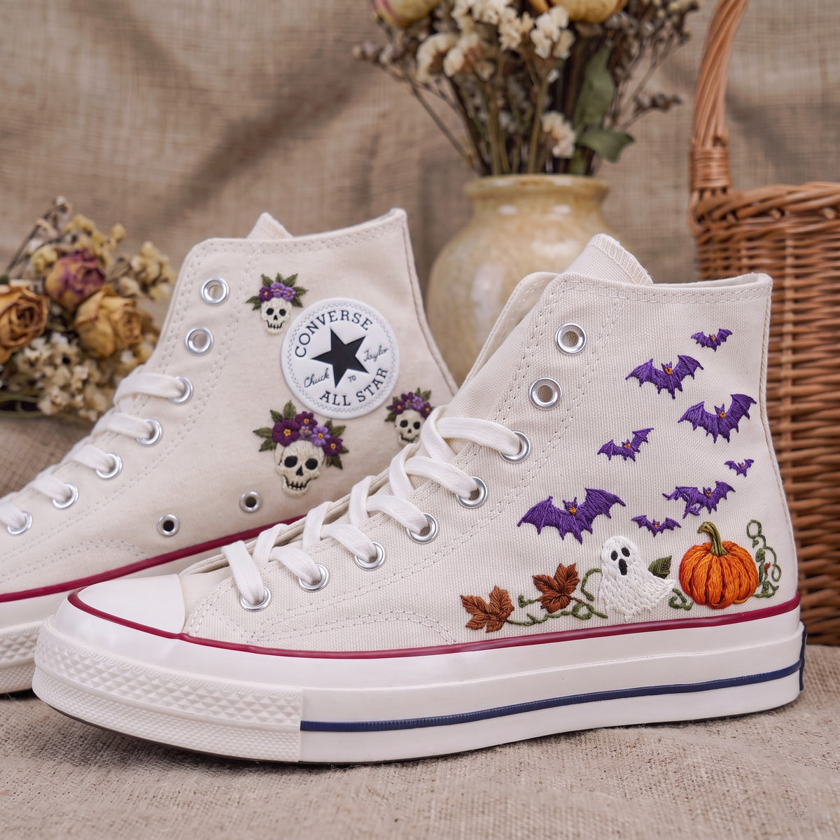 Converse Hand Embroidered Floral Skull Bat Pumpkin Shoes | Halloween High Top Sneakers | Spooky Autumn Shoes | Unique Halloween Gift