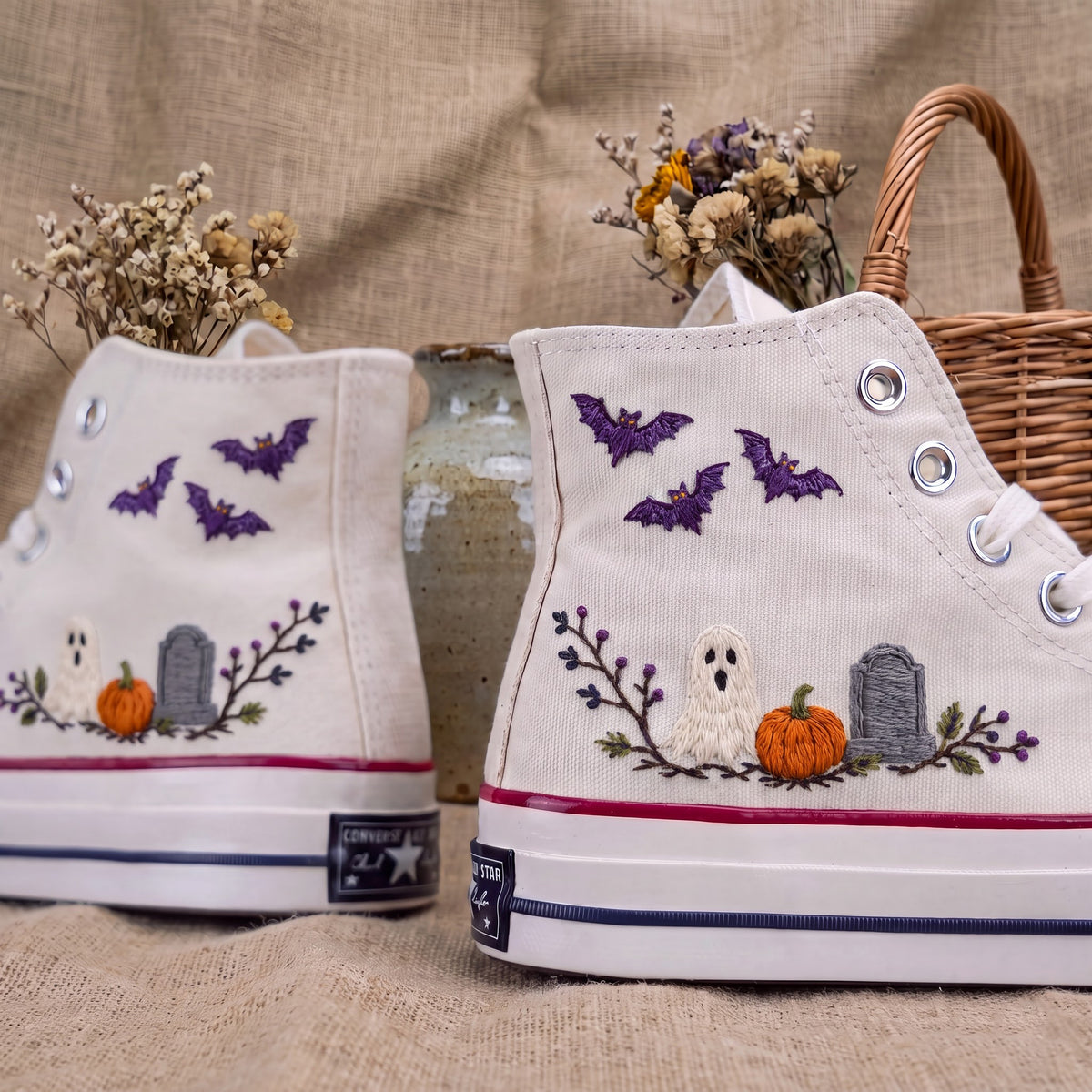 Converse Hand Embroidered Ghost Bat Pumpkin Shoes | Halloween Graveyard High Tops | Spooky Autumn Sneakers | Unique Halloween Gift