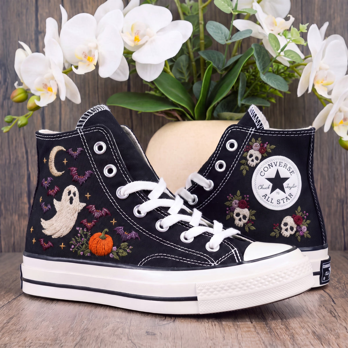 Converse Hand Embroidered Ghost Bat Moon Shoes | Cute Halloween High Top Sneakers | Pumpkin Spooky Embroidery | Halloween Gift