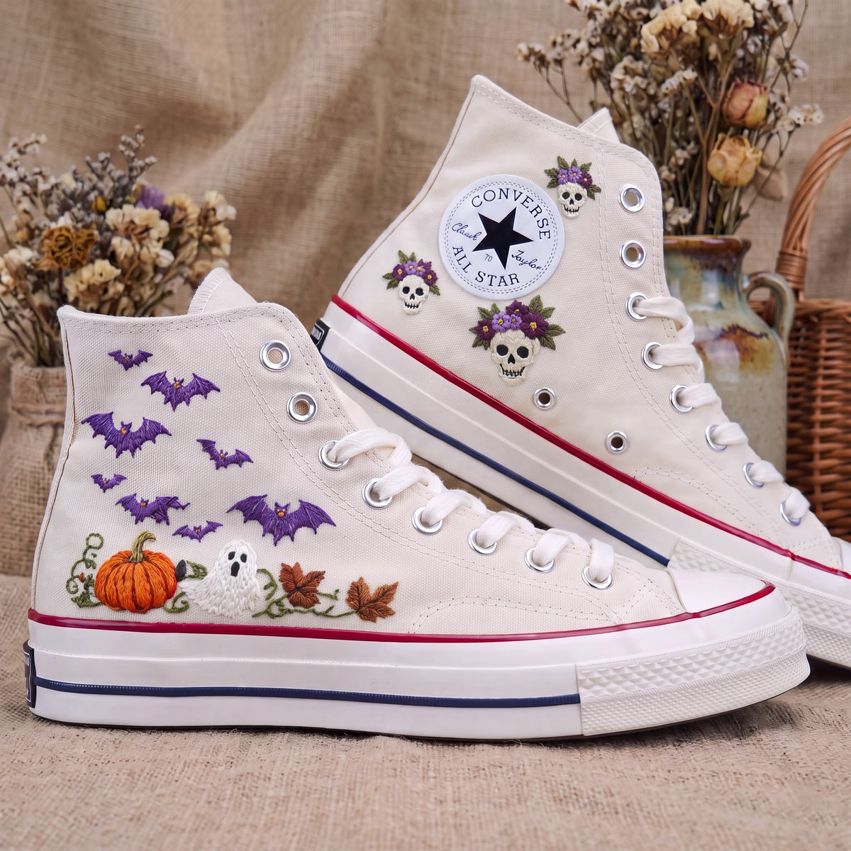Converse Hand Embroidered Floral Skull Bat Pumpkin Shoes | Halloween High Top Sneakers | Spooky Autumn Shoes | Unique Halloween Gift