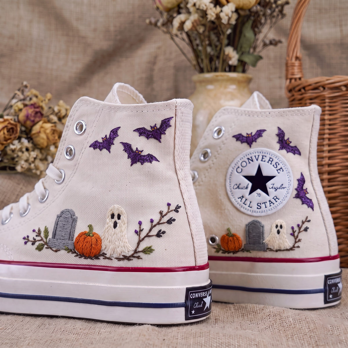 Converse Hand Embroidered Ghost Bat Pumpkin Shoes | Halloween Graveyard High Tops | Spooky Autumn Sneakers | Unique Halloween Gift