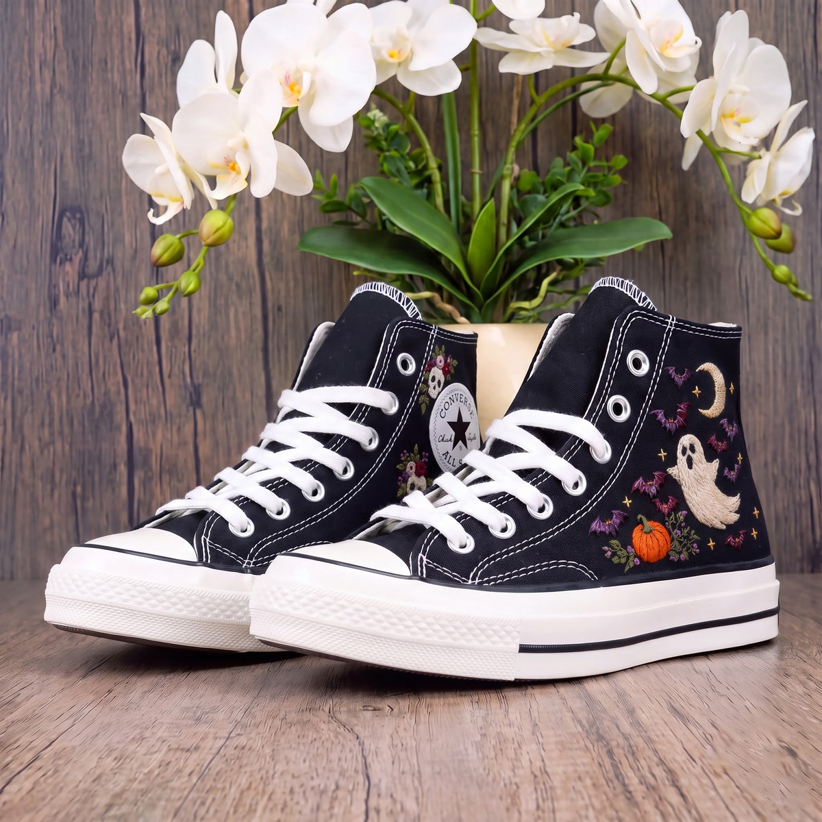 Converse Hand Embroidered Ghost Bat Moon Shoes | Cute Halloween High Top Sneakers | Pumpkin Spooky Embroidery | Halloween Gift