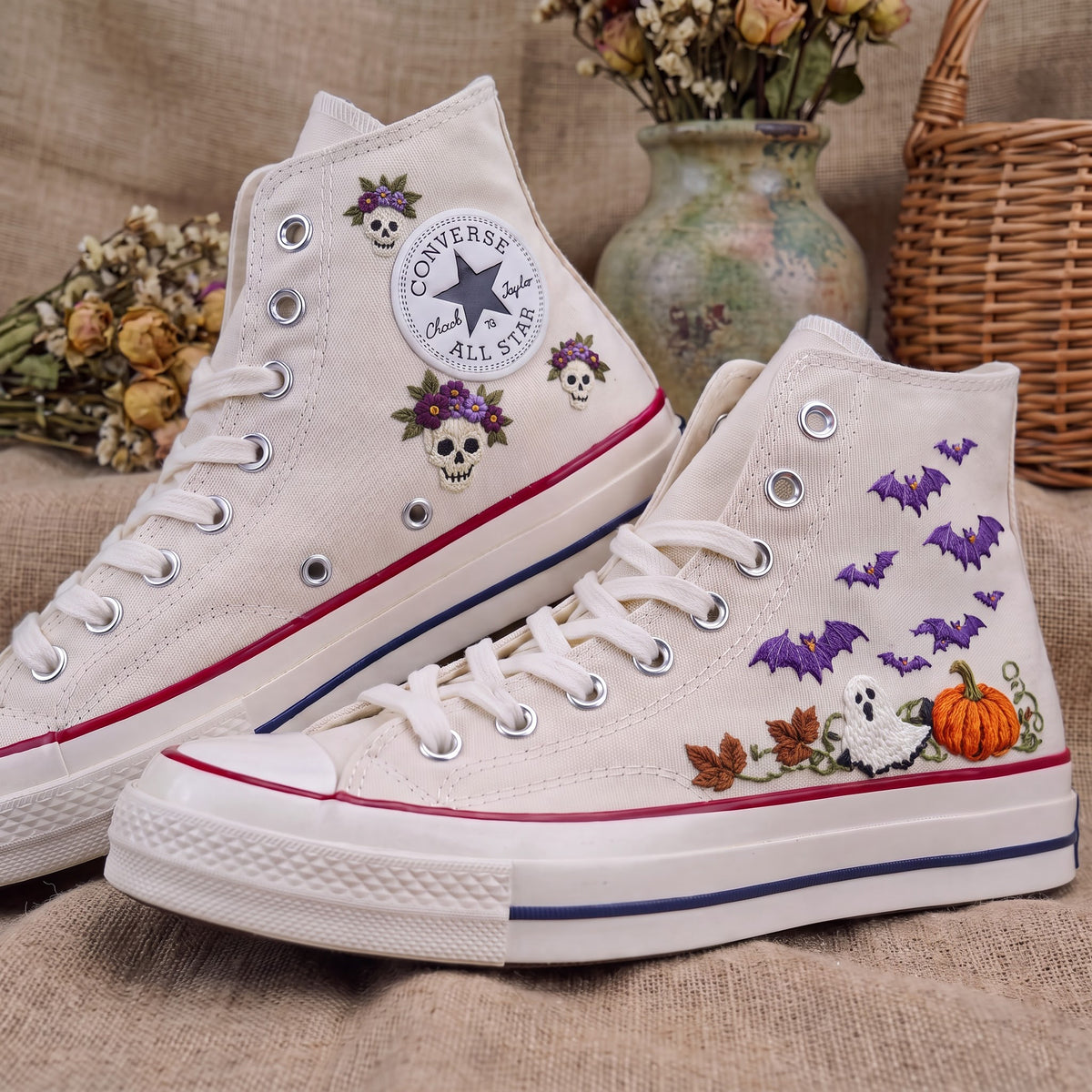 Converse Hand Embroidered Floral Skull Bat Pumpkin Shoes | Halloween High Top Sneakers | Spooky Autumn Shoes | Unique Halloween Gift