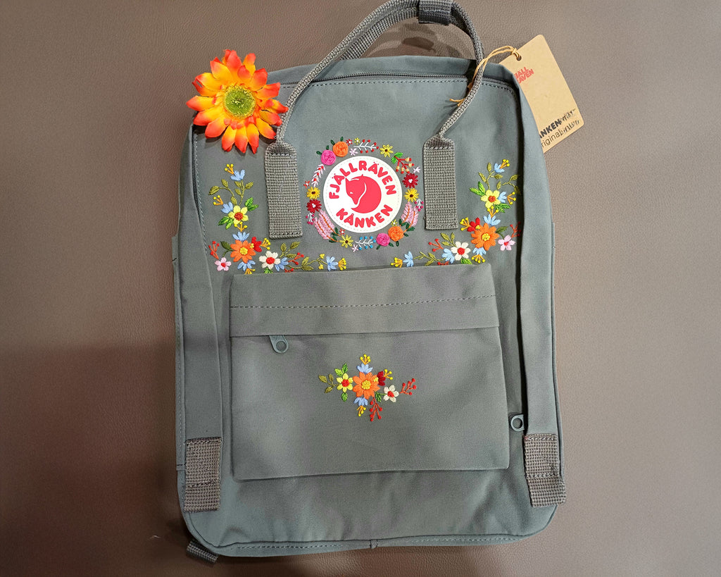  Custom Kanken Backpack – Vintage Floral Art Embroidery - Personalized Embroidered Backpack - Custom Bag for Women 
