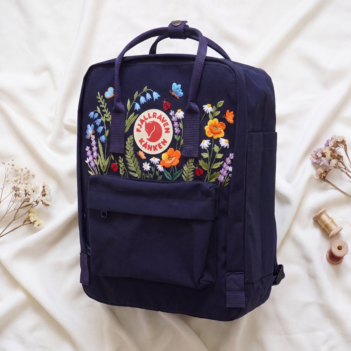 Fjallraven Kanken Wildflower Embroidered Backpack | Poppy Bluebell Daisy Floral Kanken Bag | Butterfly Ladybug Garden Design |Shool Backpack