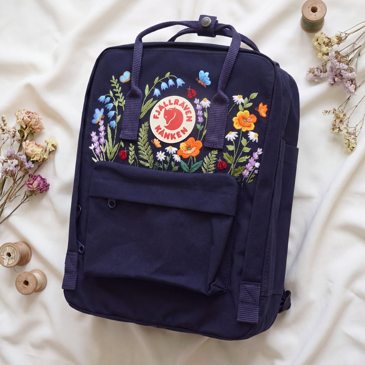 Fjallraven Kanken Wildflower Embroidered Backpack | Poppy Bluebell Daisy Floral Kanken Bag | Butterfly Ladybug Garden Design |Shool Backpack