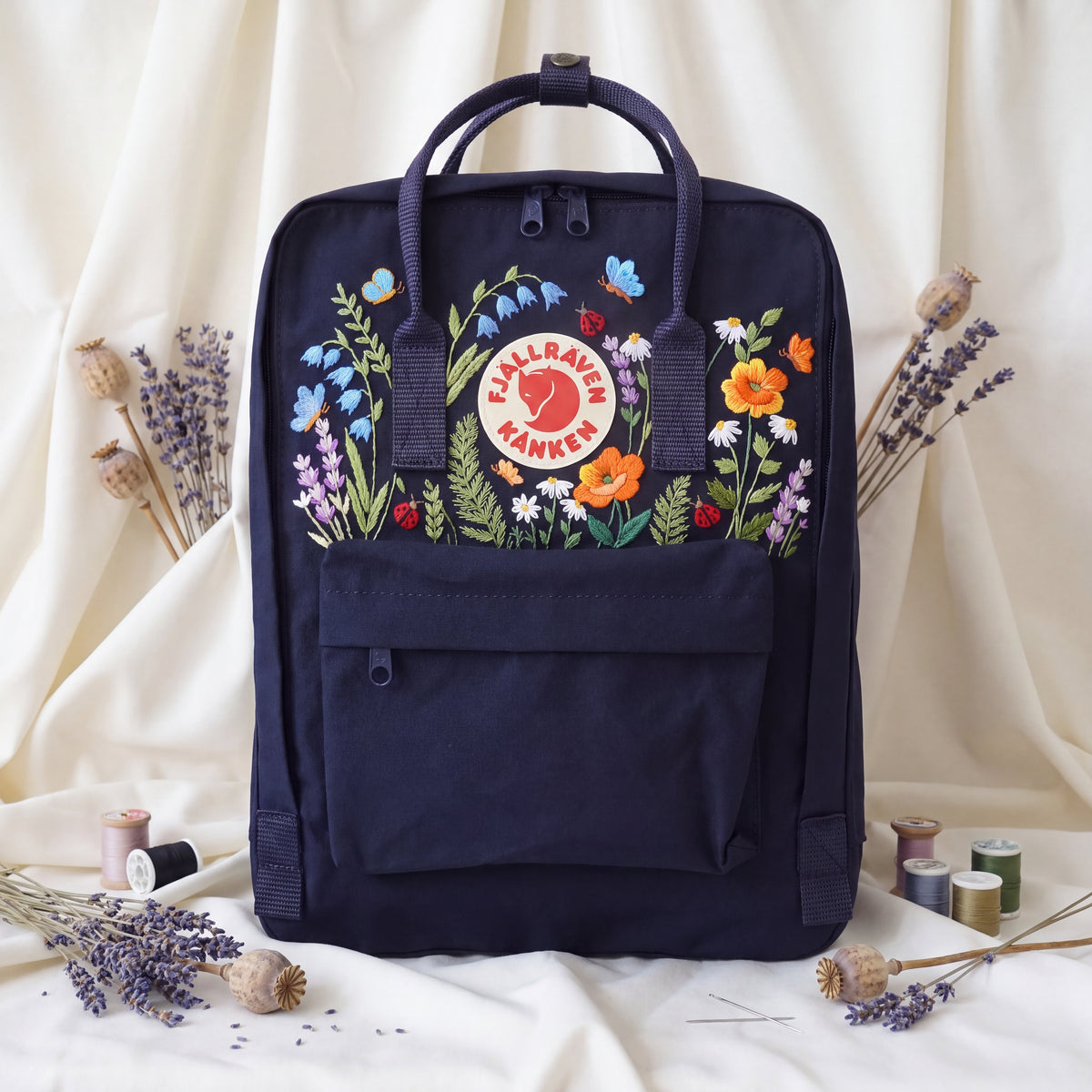 Fjallraven Kanken Wildflower Embroidered Backpack | Poppy Bluebell Daisy Floral Kanken Bag | Butterfly Ladybug Garden Design |Shool Backpack