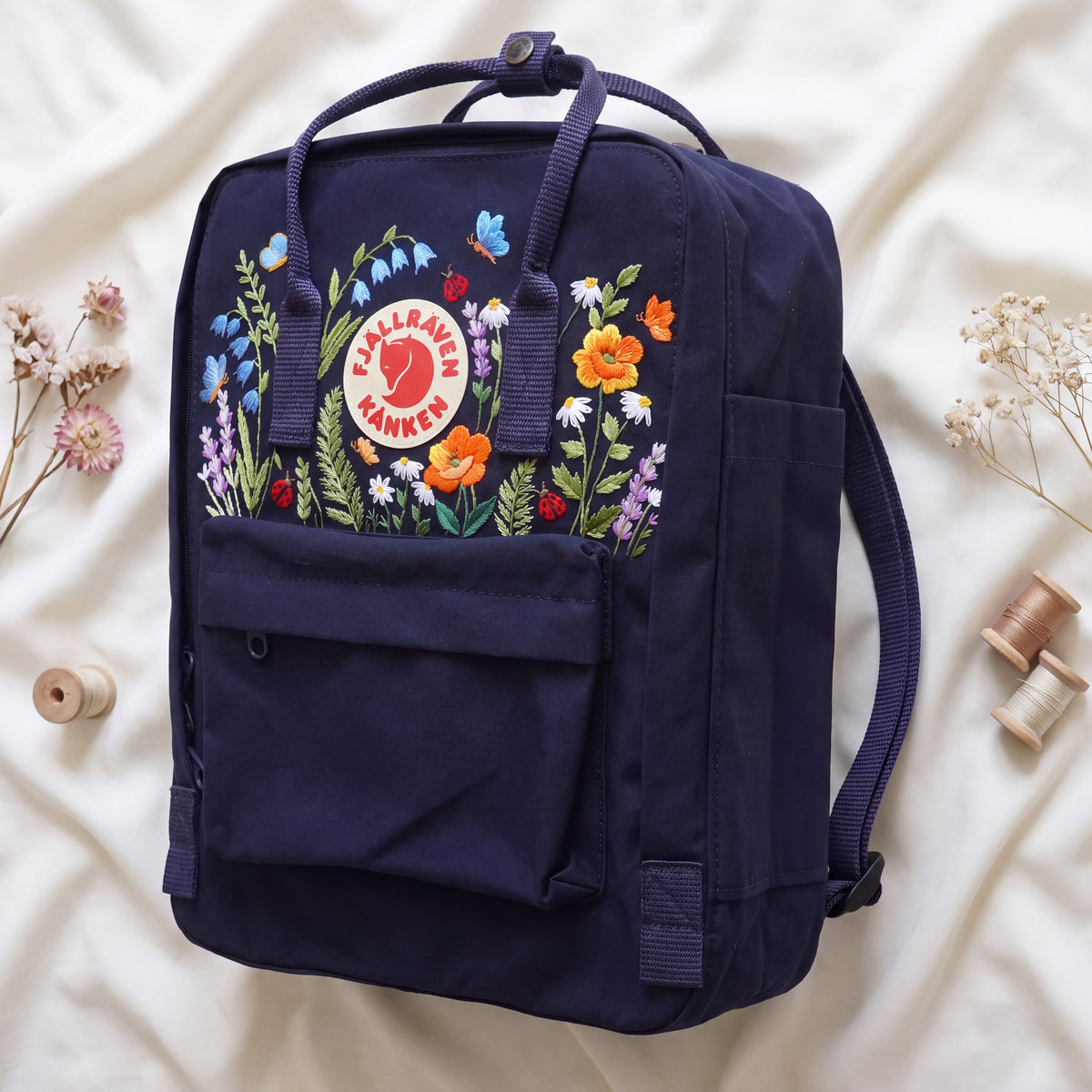 Fjallraven Kanken Wildflower Embroidered Backpack | Poppy Bluebell Daisy Floral Kanken Bag | Butterfly Ladybug Garden Design |Shool Backpack