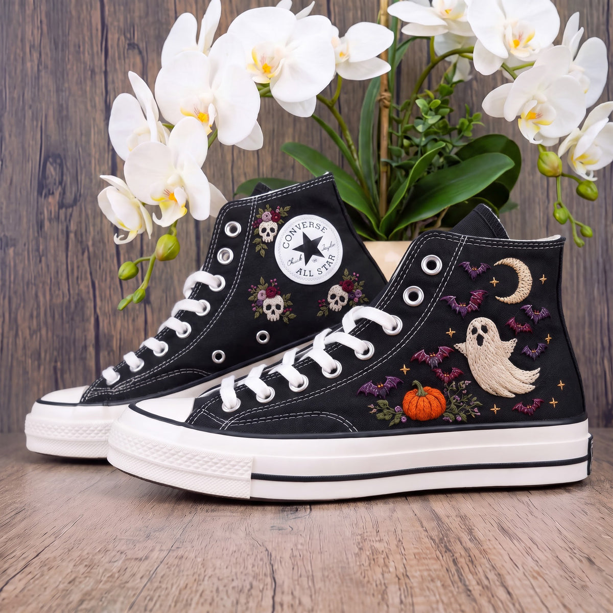Converse Hand Embroidered Ghost Bat Moon Shoes | Cute Halloween High Top Sneakers | Pumpkin Spooky Embroidery | Halloween Gift