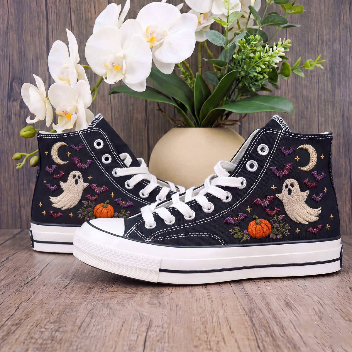 Converse Hand Embroidered Ghost Bat Moon Shoes | Cute Halloween High Top Sneakers | Pumpkin Spooky Embroidery | Halloween Gift