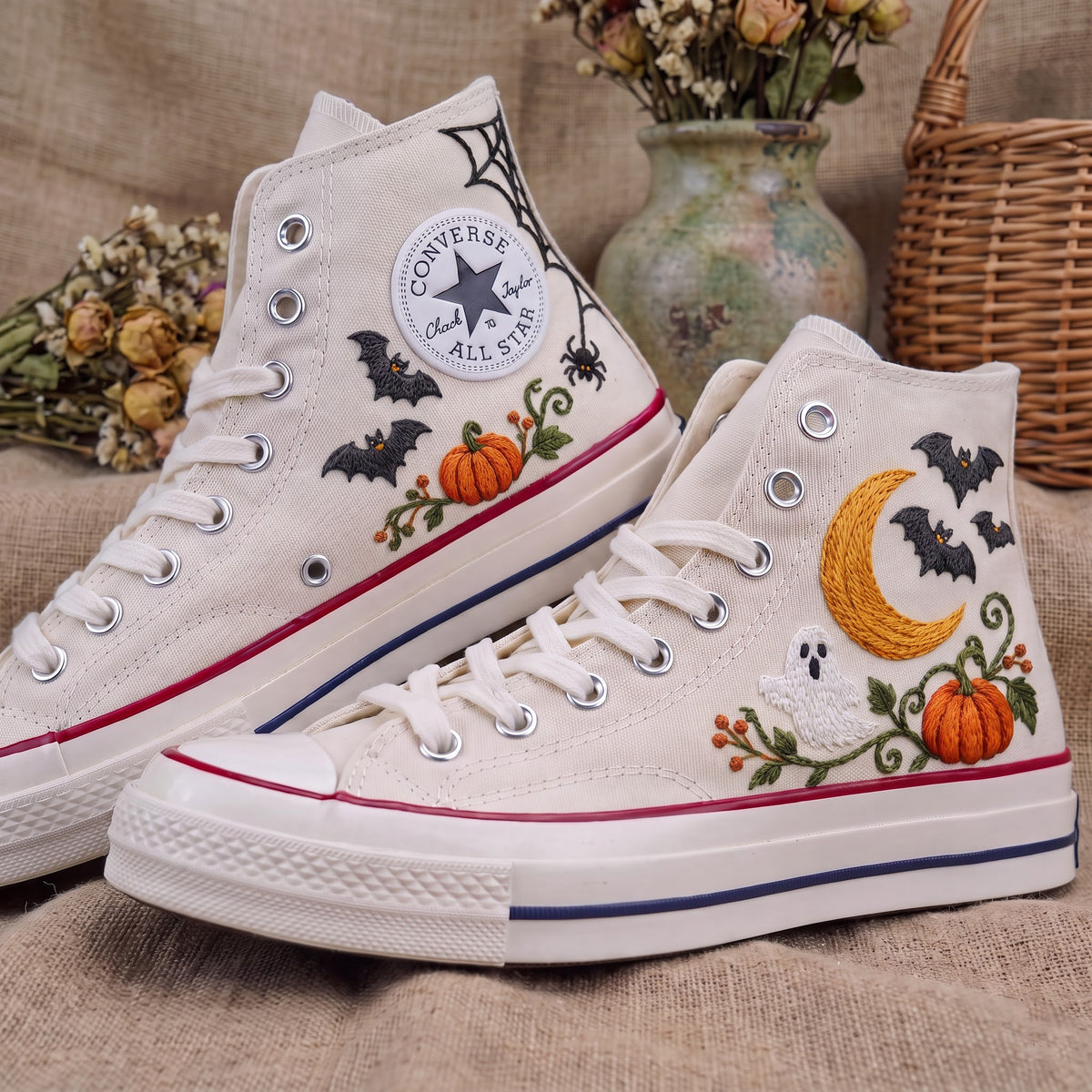 Converse Hand Embroidered Ghost Bat Moon Pumpkin Shoes | Halloween Spider Web High Tops | Spooky Autumn Sneakers | Unique Halloween Gift