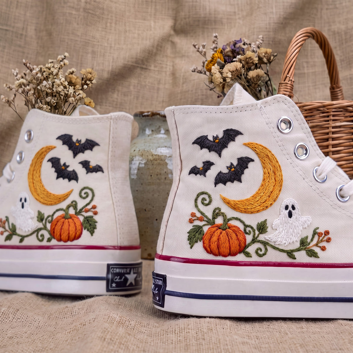 Converse Hand Embroidered Ghost Bat Moon Pumpkin Shoes | Halloween Spider Web High Tops | Spooky Autumn Sneakers | Unique Halloween Gift