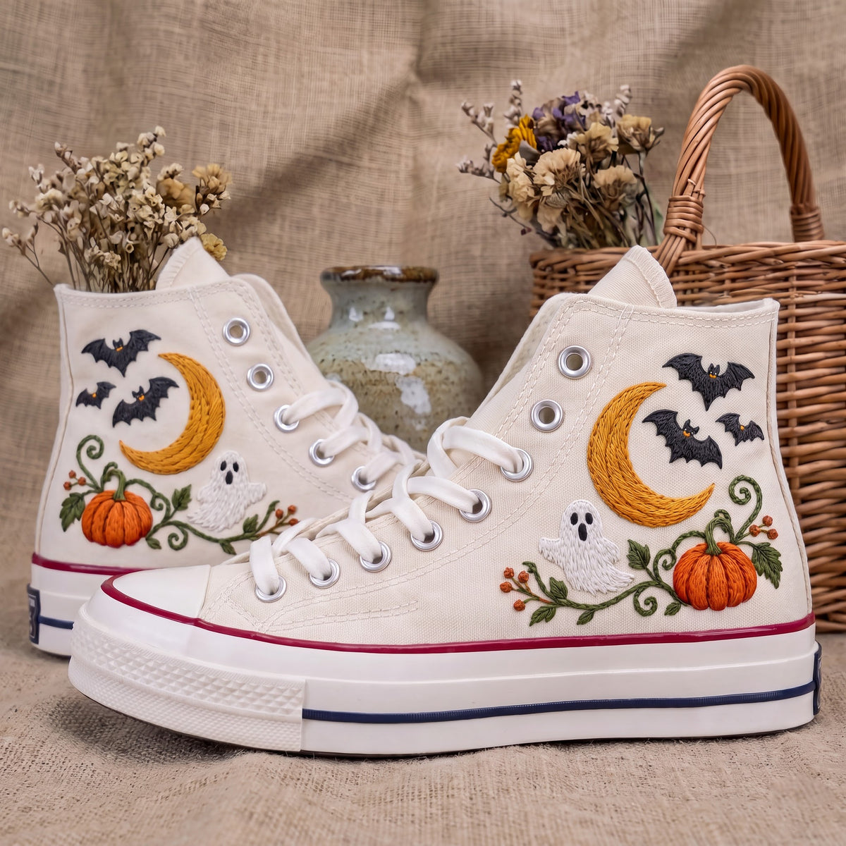 Converse Hand Embroidered Ghost Bat Moon Pumpkin Shoes | Halloween Spider Web High Tops | Spooky Autumn Sneakers | Unique Halloween Gift