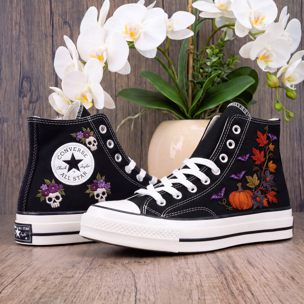 Converse Hand Embroidered Pumpkin Bat Shoes | Autumn Floral High Top Sneakers | Halloween Skull Embroidery | Spooky Fall Gift