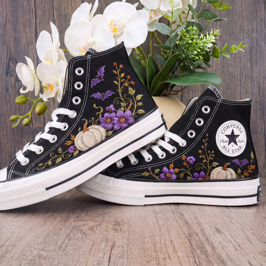Converse Hand Embroidered White Pumpkin Bat Shoes | Purple Floral Halloween Sneakers | Autumn High Tops | Spooky Fall Gift