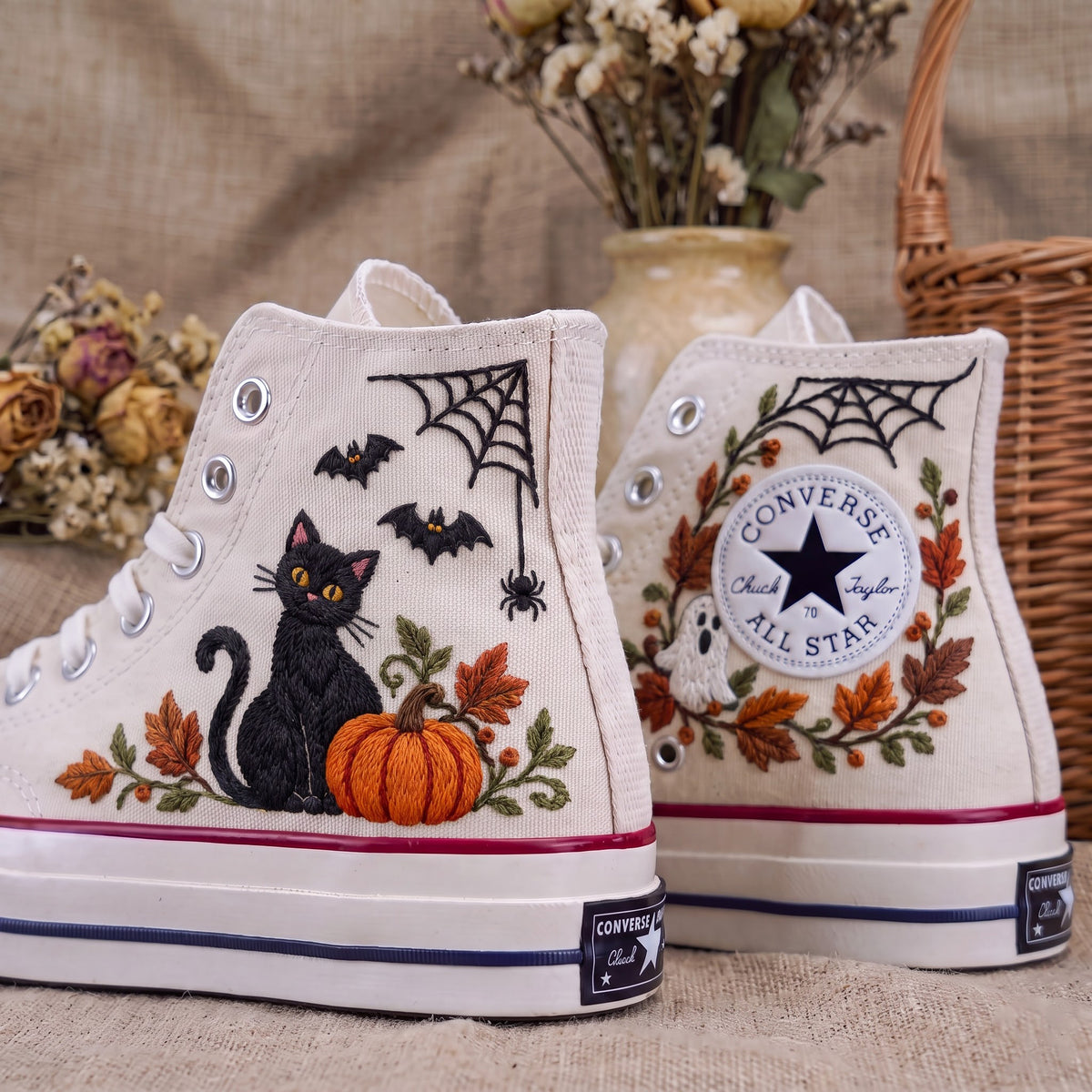 Converse Hand Embroidered Black Cat Pumpkin Shoes | Halloween Bat Spider Web High Tops | Spooky Autumn Sneakers | Unique Halloween Gift