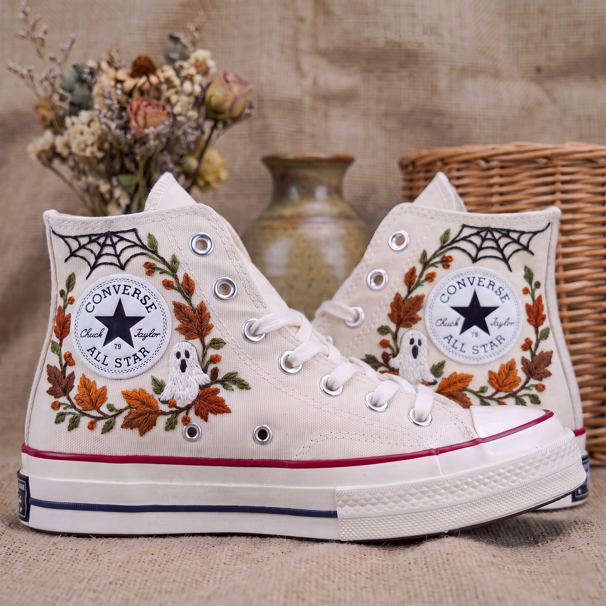 Converse Hand Embroidered Black Cat Pumpkin Shoes | Halloween Bat Spider Web High Tops | Spooky Autumn Sneakers | Unique Halloween Gift