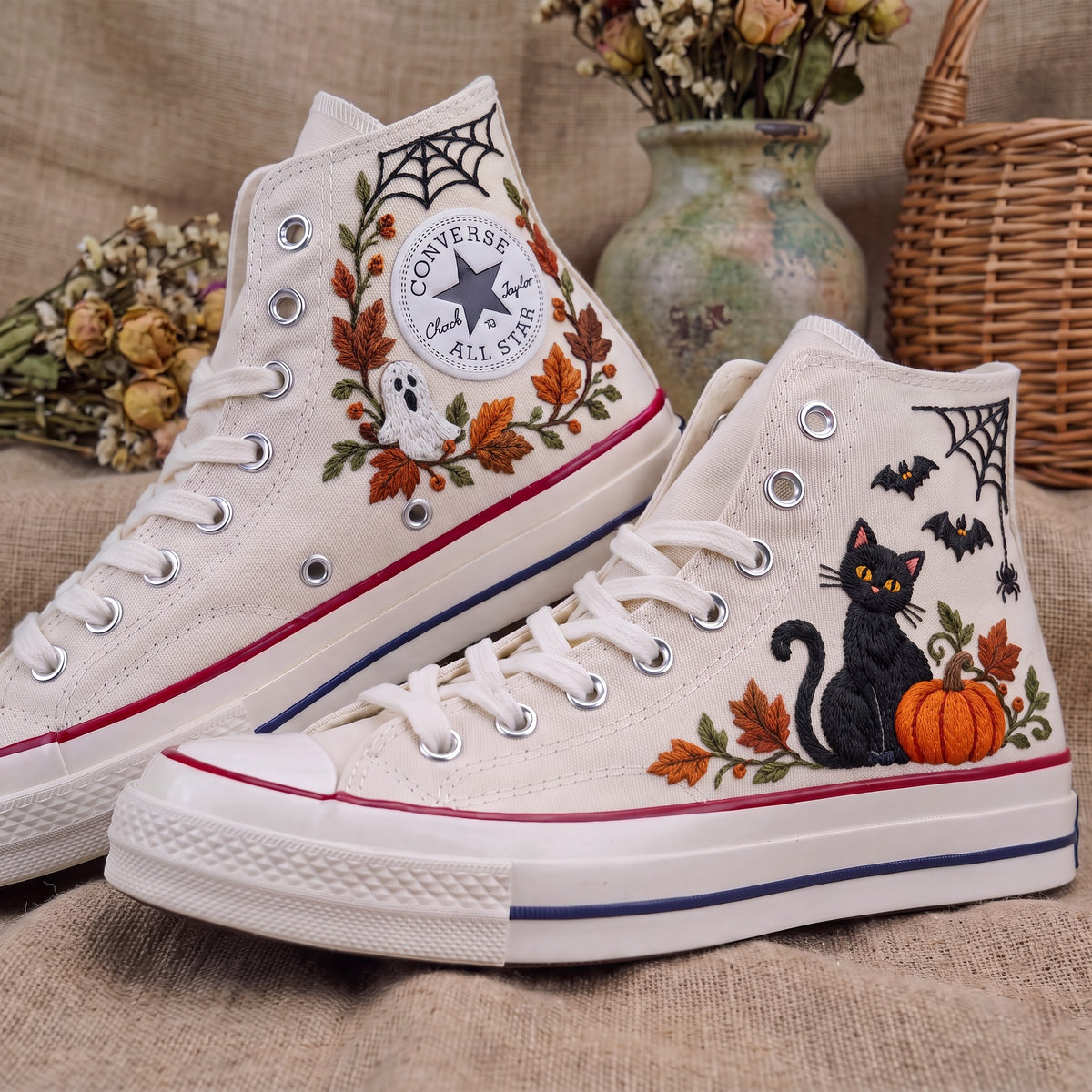 Converse Hand Embroidered Black Cat Pumpkin Shoes | Halloween Bat Spider Web High Tops | Spooky Autumn Sneakers | Unique Halloween Gift