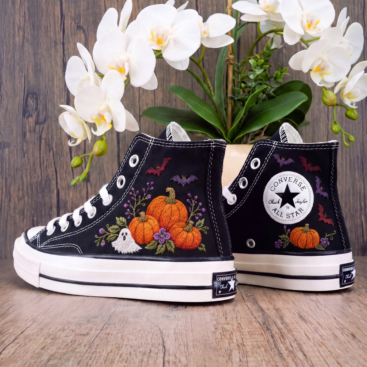 Converse Hand Embroidered Pumpkin Ghost Bat Shoes | Cute Halloween High Top Sneakers | Spooky Floral Pumpkin Shoes | Halloween Gift