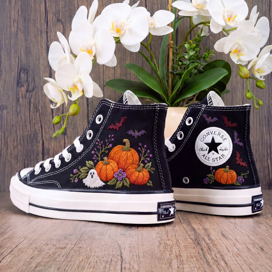 Converse Hand Embroidered Pumpkin Ghost Bat Shoes | Cute Halloween High Top Sneakers | Spooky Floral Pumpkin Shoes | Halloween Gift