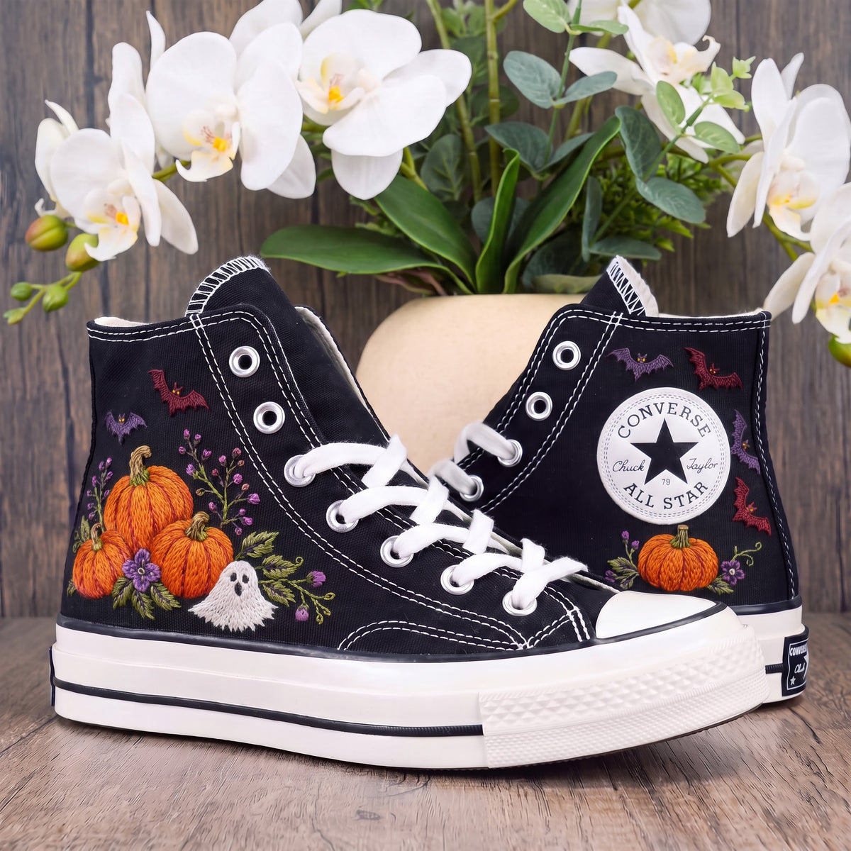 Converse Hand Embroidered Pumpkin Ghost Bat Shoes | Cute Halloween High Top Sneakers | Spooky Floral Pumpkin Shoes | Halloween Gift