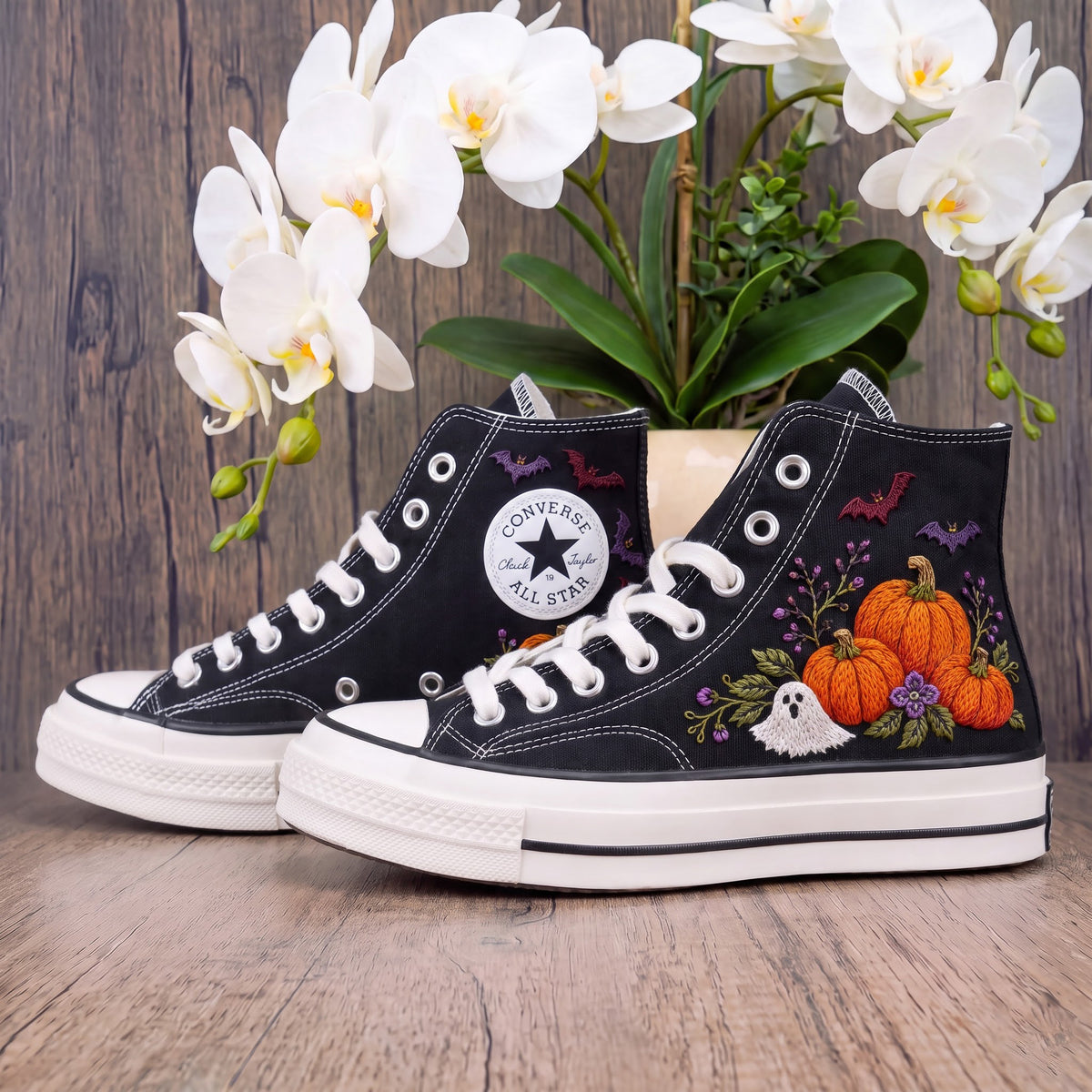 Converse Hand Embroidered Pumpkin Ghost Bat Shoes | Cute Halloween High Top Sneakers | Spooky Floral Pumpkin Shoes | Halloween Gift
