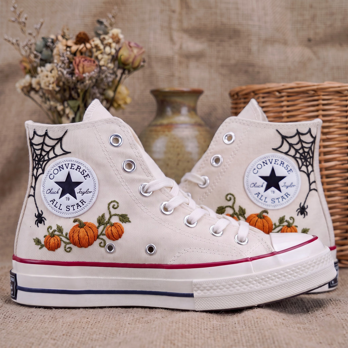 Converse Hand Embroidered Haunted House Ghost Shoes | Halloween Pumpkin Spider Web High Tops | Spooky Sneakers | Unique Halloween Gift