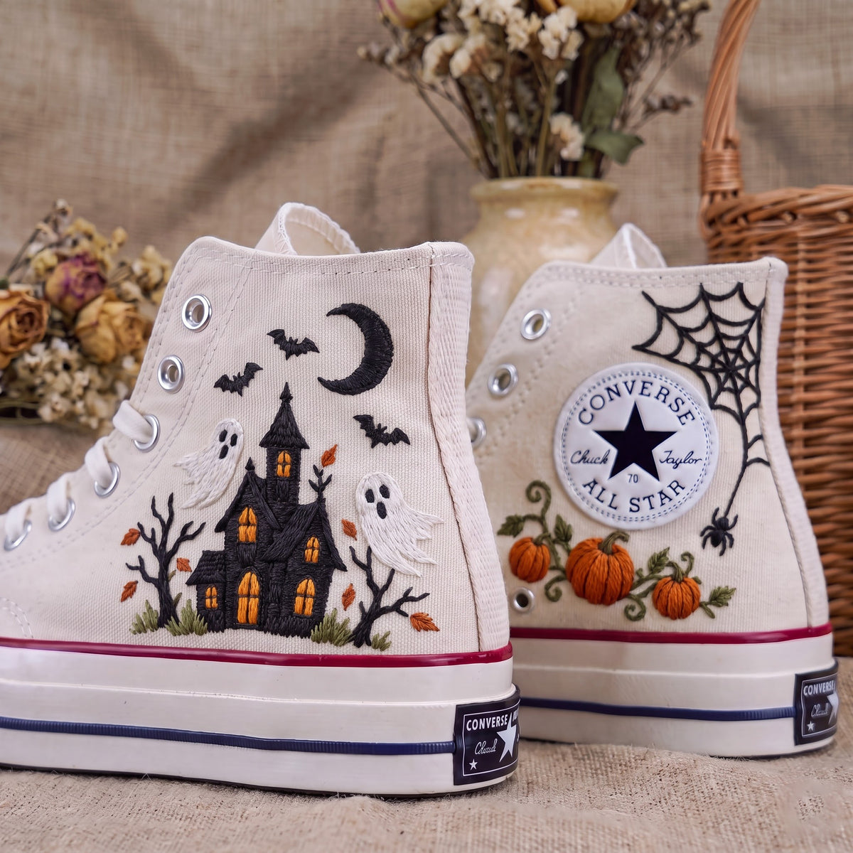 Converse Hand Embroidered Haunted House Ghost Shoes | Halloween Pumpkin Spider Web High Tops | Spooky Sneakers | Unique Halloween Gift