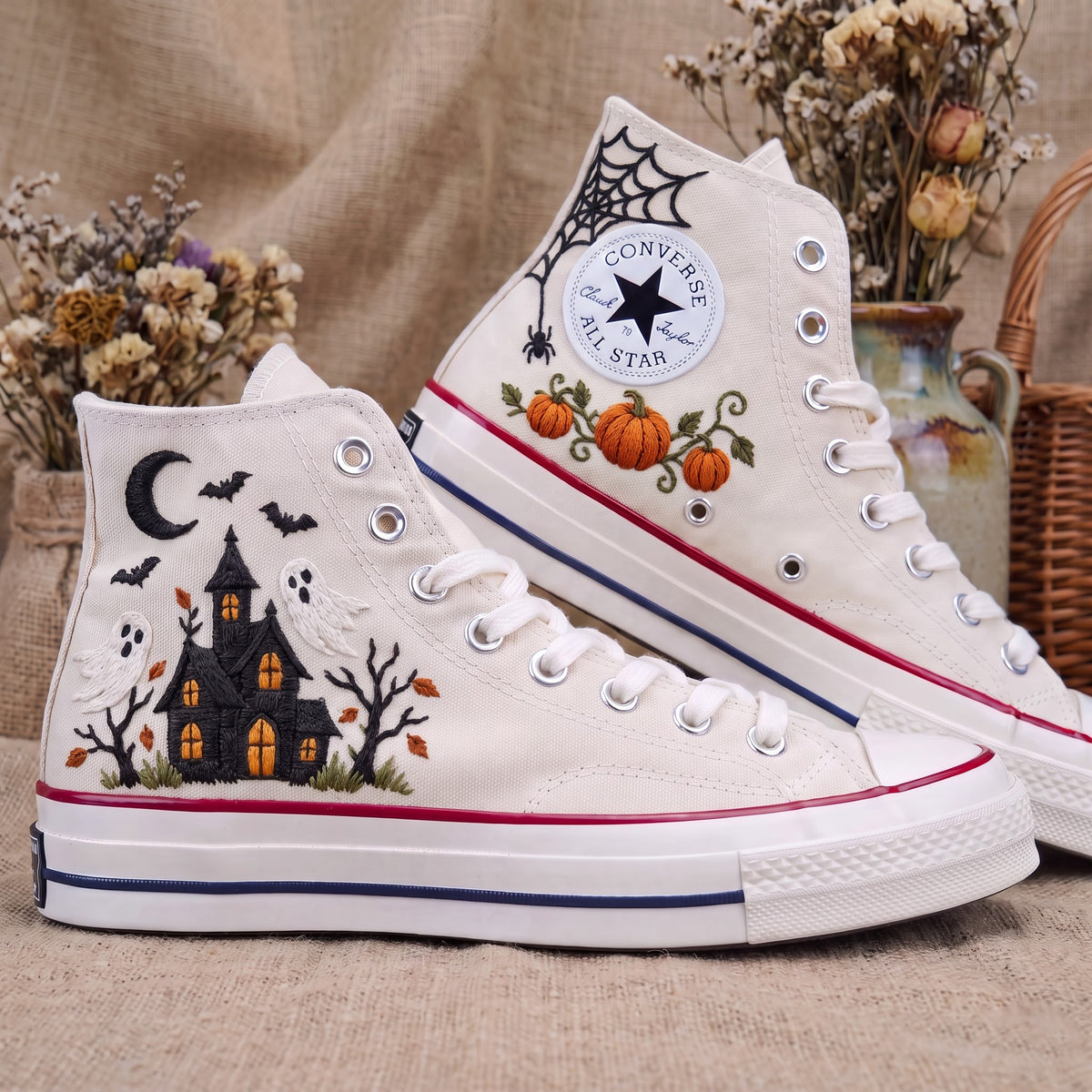 Converse Hand Embroidered Haunted House Ghost Shoes | Halloween Pumpkin Spider Web High Tops | Spooky Sneakers | Unique Halloween Gift