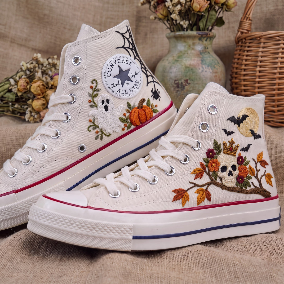 Converse Hand Embroidered Crown Skull Bat Shoes | Halloween Spider Web High Tops | Gothic Autumn Sneakers | Unique Halloween Gift