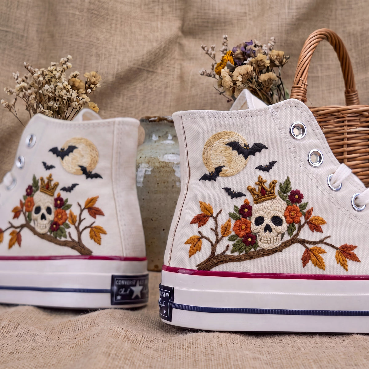 Converse Hand Embroidered Crown Skull Bat Shoes | Halloween Spider Web High Tops | Gothic Autumn Sneakers | Unique Halloween Gift