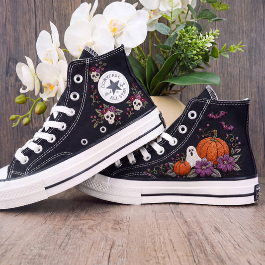 Converse Hand Embroidered Halloween Shoes | Pumpkin Ghost Bat Sneakers | Floral Skull High Tops | Spooky Gothic Gift